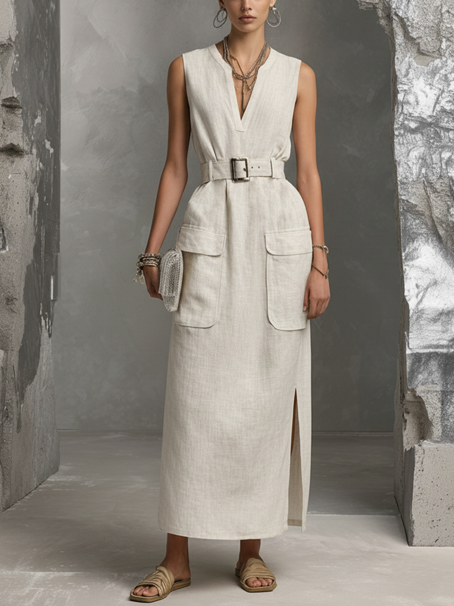 Women's Minimalist Beige Cotton Blend Belt Waist Cinch Patch Pocket Slit Sleeveless Maxi Dress MDZ1249F5GMJ