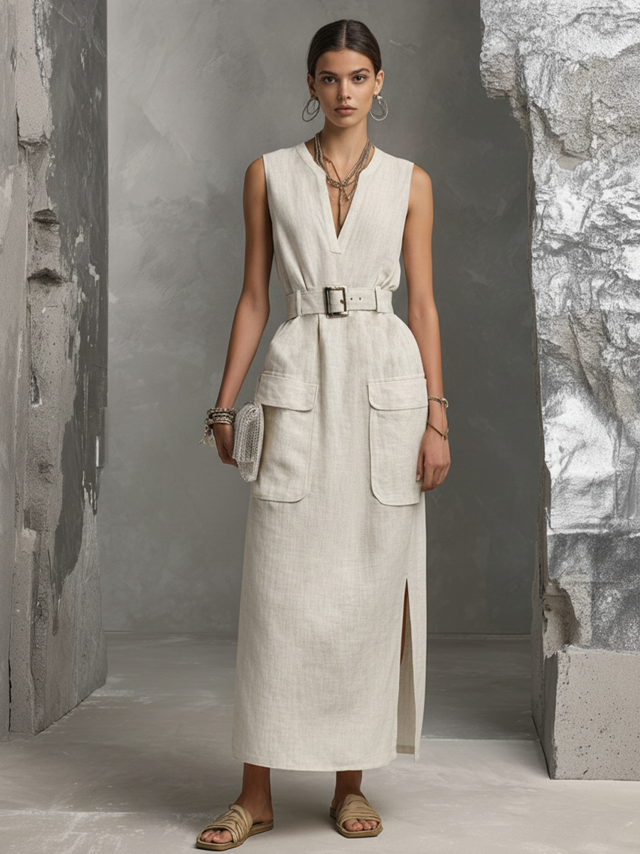Women's Minimalist Beige Cotton Blend Belt Waist Cinch Patch Pocket Slit Sleeveless Maxi Dress MDZ1249F5GMJ