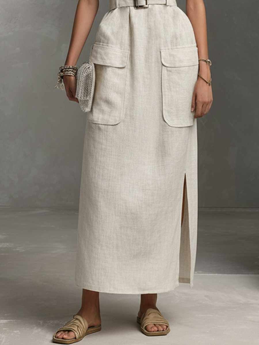 Women's Minimalist Beige Cotton Blend Belt Waist Cinch Patch Pocket Slit Sleeveless Maxi Dress MDZ1249F5GMJ