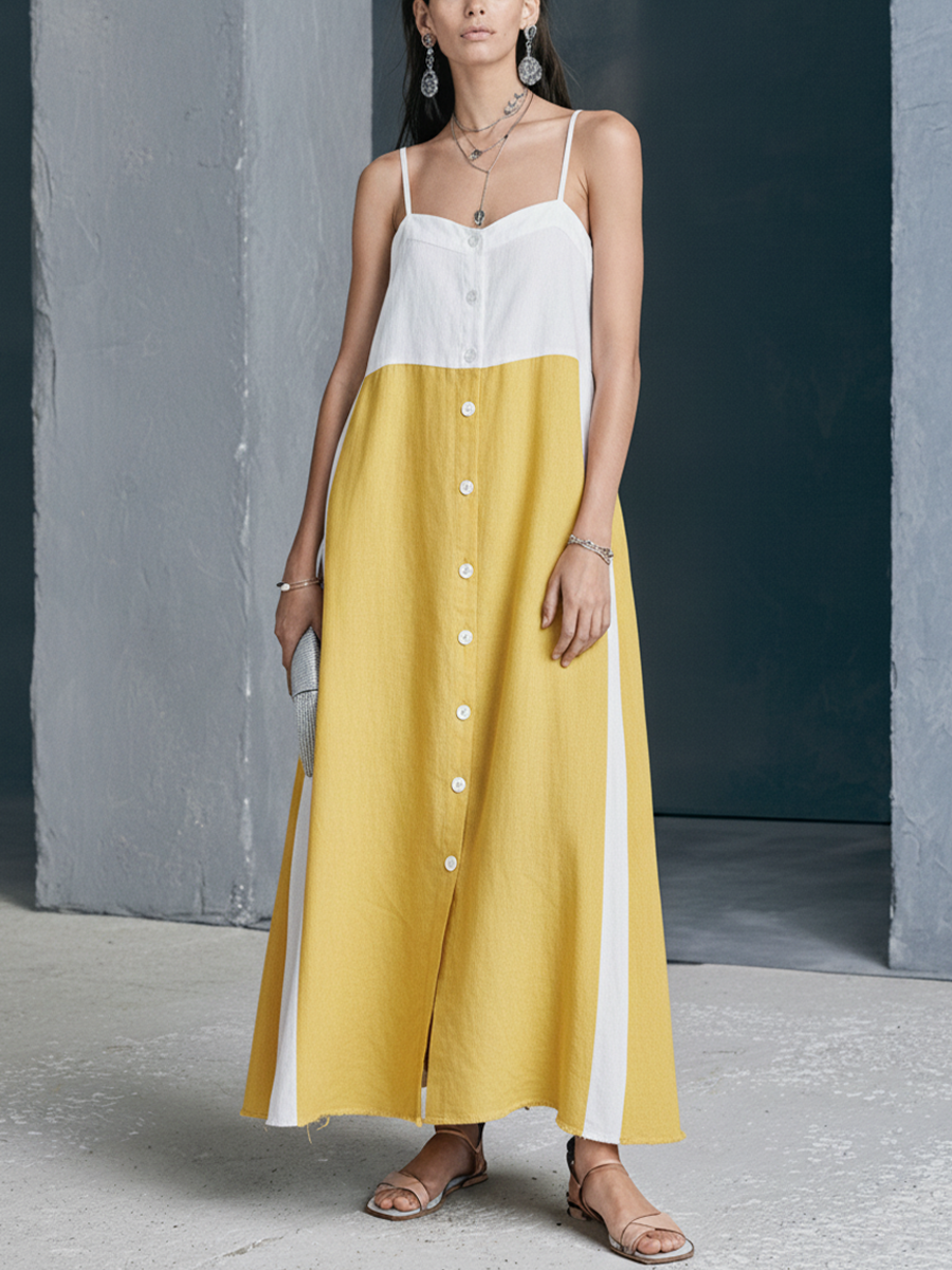 Women's Resort Style Yellow And White Color Blocked Cotton And Linen Dress With Button Down Slit And Spaghetti Straps MDZ1259F2GMJ