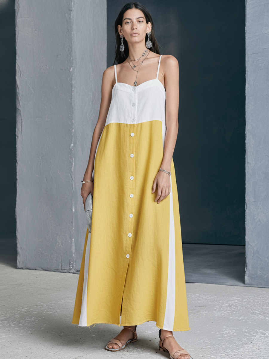 Women's Resort Style Yellow And White Color Blocked Cotton And Linen Dress With Button Down Slit And Spaghetti Straps MDZ1259F2GMJ