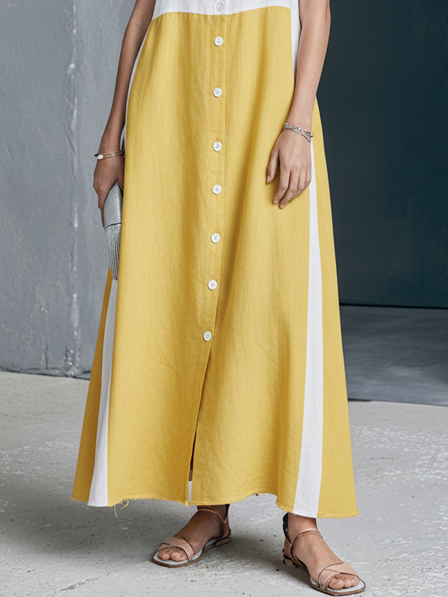 Women's Resort Style Yellow And White Color Blocked Cotton And Linen Dress With Button Down Slit And Spaghetti Straps MDZ1259F2GMJ