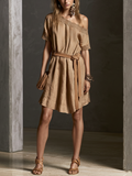 Women's Bohemian Resort Style Caramel Linen Cotton Lace Off-Shoulder Midi Dress MDZ1208F0GMJ