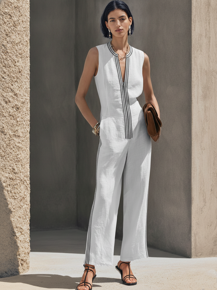 Women's Commuter Style White Linen Cotton Contrast Striped Piping Zipper Sleeveless Wide Leg Jumpsuit MDZ1295F6GMJ