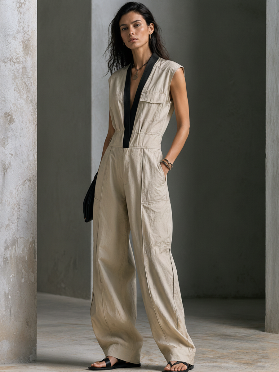 Women’s Casual Style Khaki Cotton Blend Contrast Piping V-Neck Patch Pocket Sleeveless Wide Leg Jumpsuit MDZ1210F5GMJ