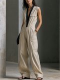 Women’s Casual Style Khaki Cotton Blend Contrast Piping V-Neck Patch Pocket Sleeveless Wide Leg Jumpsuit MDZ1210F5GMJ