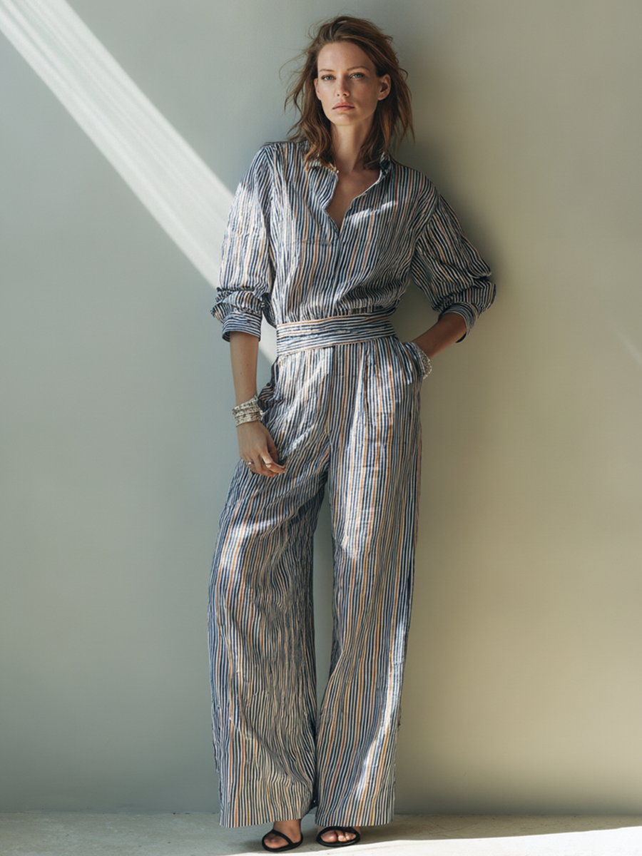 Women's Multicolored Striped Linen-Blend Shirt And Wide-Leg Pants Set MDZ1582F3ZRK