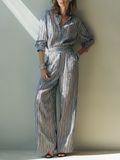 Women's Multicolored Striped Linen-Blend Shirt And Wide-Leg Pants Set MDZ1582F3ZRK