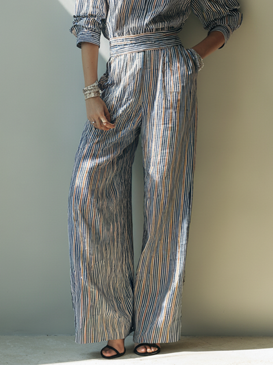 Women's Multicolored Striped Linen-Blend Shirt And Wide-Leg Pants Set MDZ1582F3ZRK