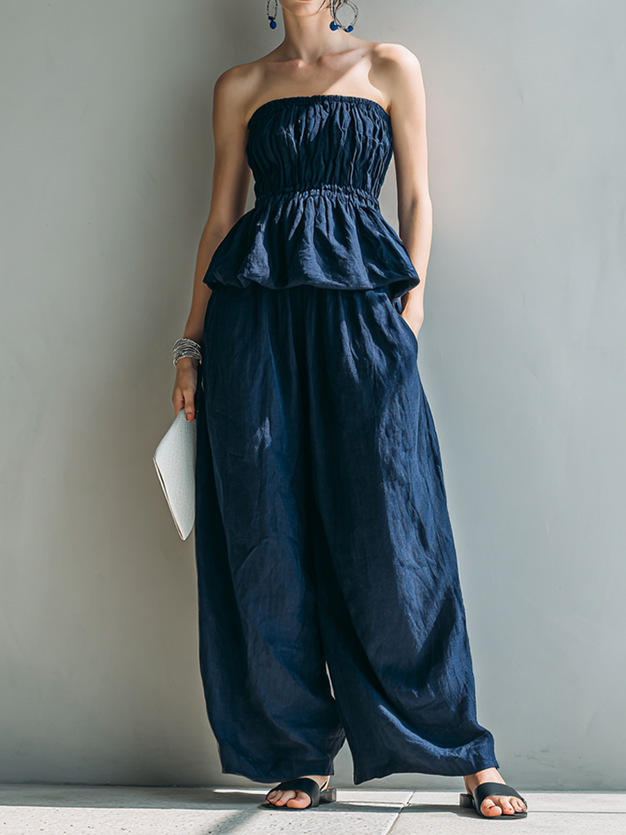 Women's Navy Linen Strapless Ruffle Top & Wide-Leg Pants Set MDZ1571F7ZRK