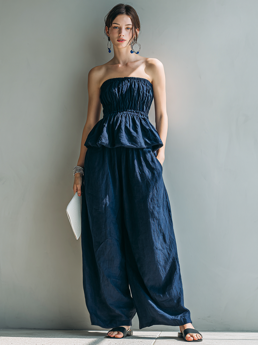 Women's Navy Linen Strapless Ruffle Top & Wide-Leg Pants Set MDZ1571F7ZRK