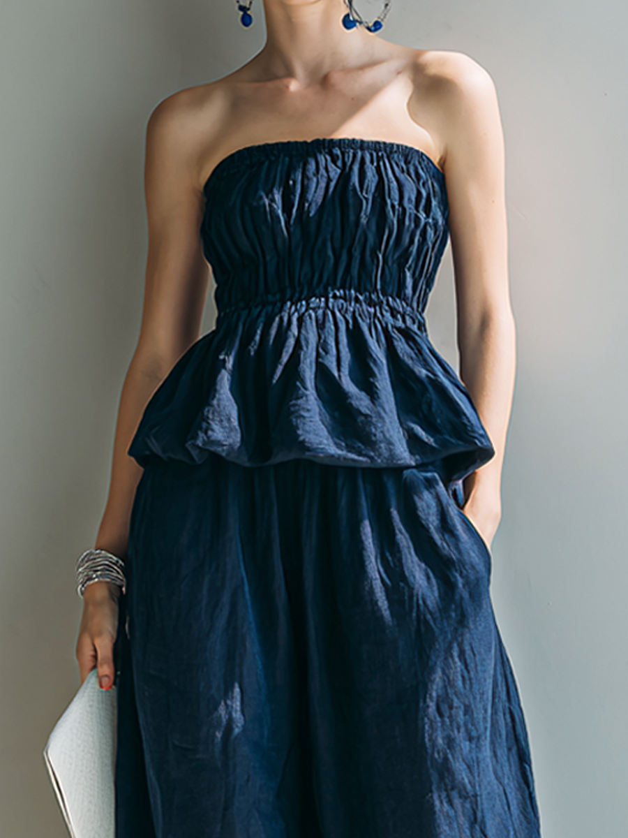 Women's Navy Linen Strapless Ruffle Top & Wide-Leg Pants Set MDZ1571F7ZRK