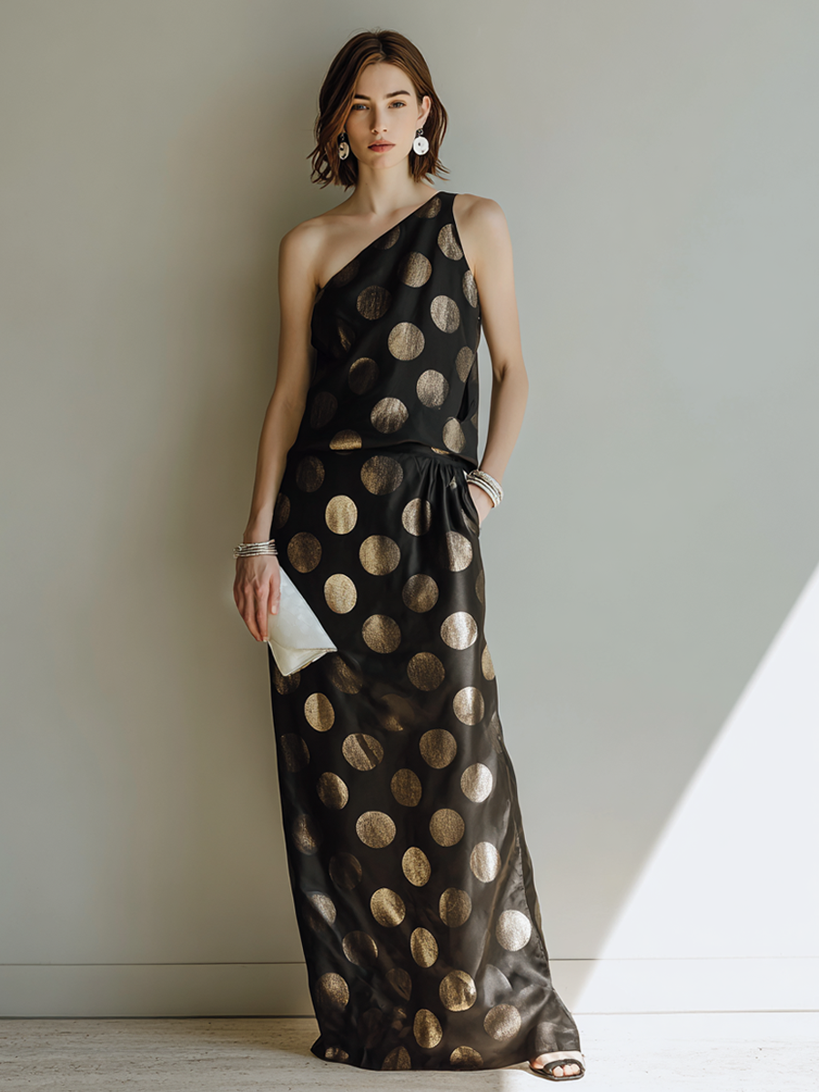 Women's Black Gold-Foil Polka-Dot One-Shoulder Maxi Dress MDZ1569F6ZRK
