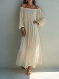 Women's Beige Pleated Chiffon Off-Shoulder Lantern-Sleeve Maxi Dress MDZ1558F7ZRK
