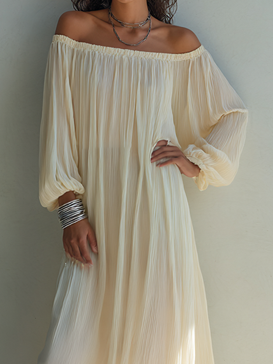 Women's Beige Pleated Chiffon Off-Shoulder Lantern-Sleeve Maxi Dress MDZ1558F7ZRK