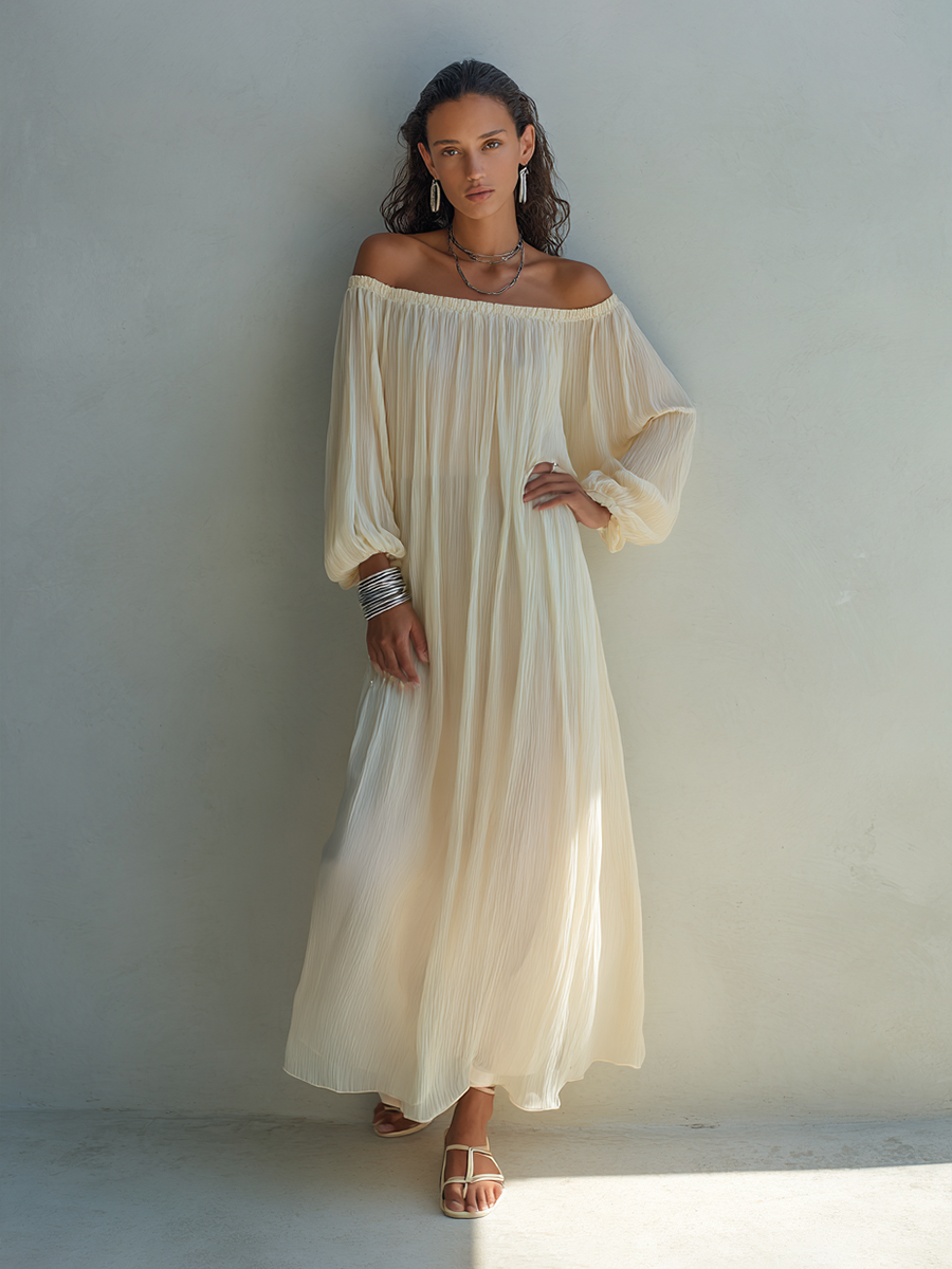 Women's Beige Pleated Chiffon Off-Shoulder Lantern-Sleeve Maxi Dress MDZ1558F7ZRK