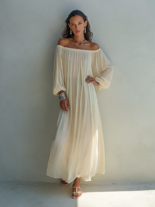 Women's Beige Pleated Chiffon Off-Shoulder Lantern-Sleeve Maxi Dress MDZ1558F7ZRK