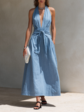 Women's Light Blue Linen-Blend Halter-Neck Maxi Dress MDZ1531F0ZRK