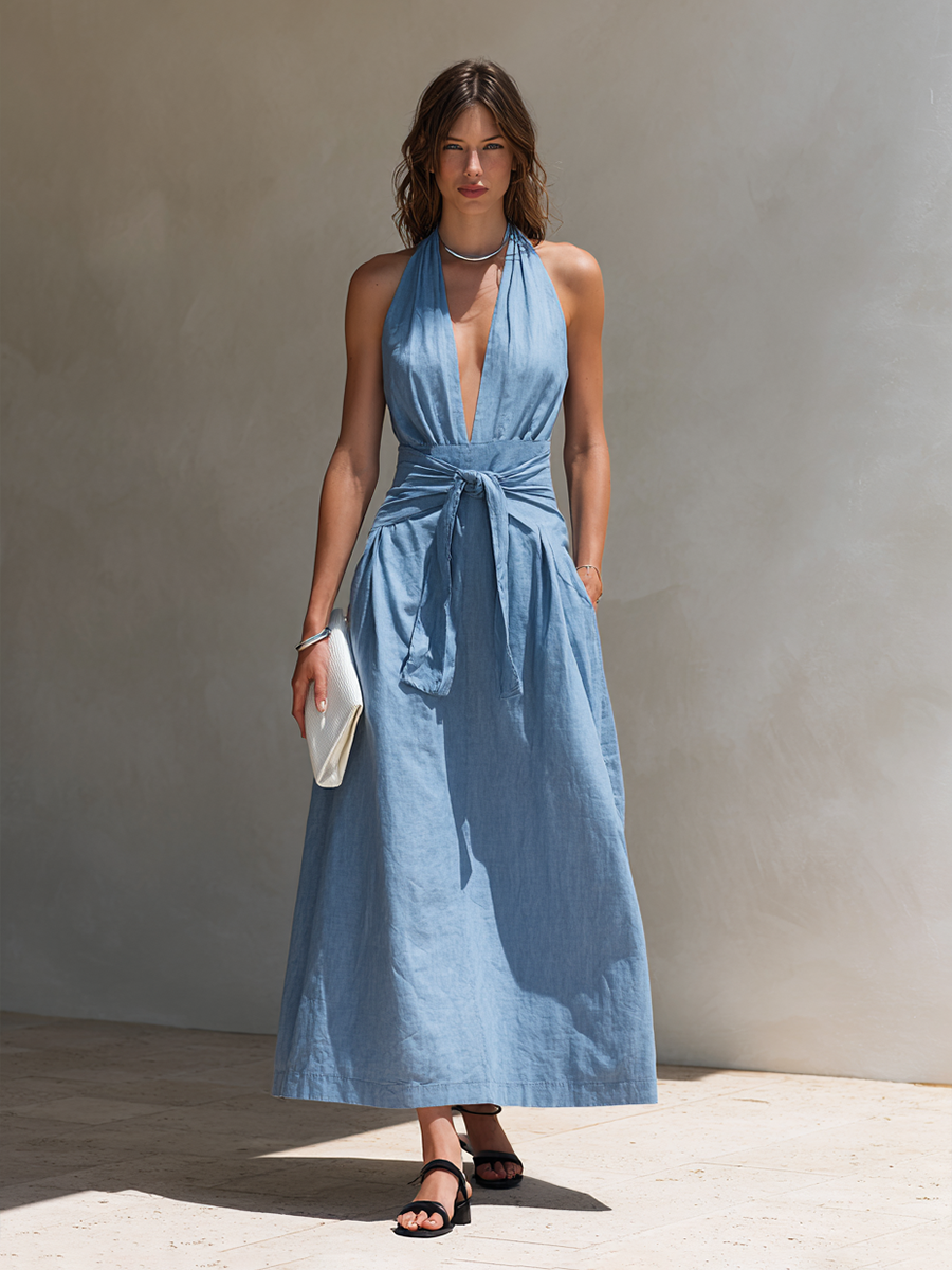Women's Light Blue Linen-Blend Halter-Neck Maxi Dress MDZ1531F0ZRK