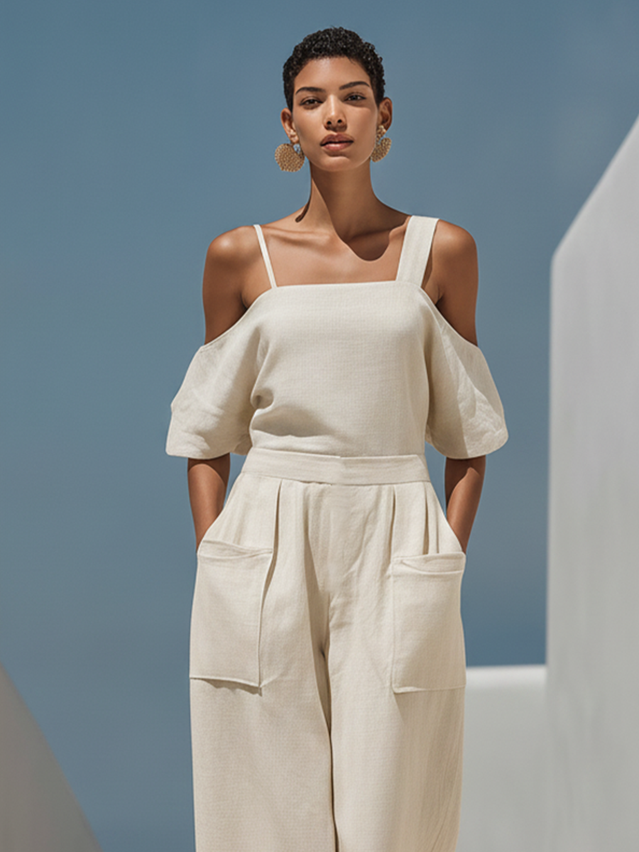 Women's Cream Linen-Blend Jumpsuit With Cold Shoulder Puff Sleeves & Square Neck Patch Pockets, Minimalist Vacation Wide Leg Jumpsuit MDZ1533F1LYL