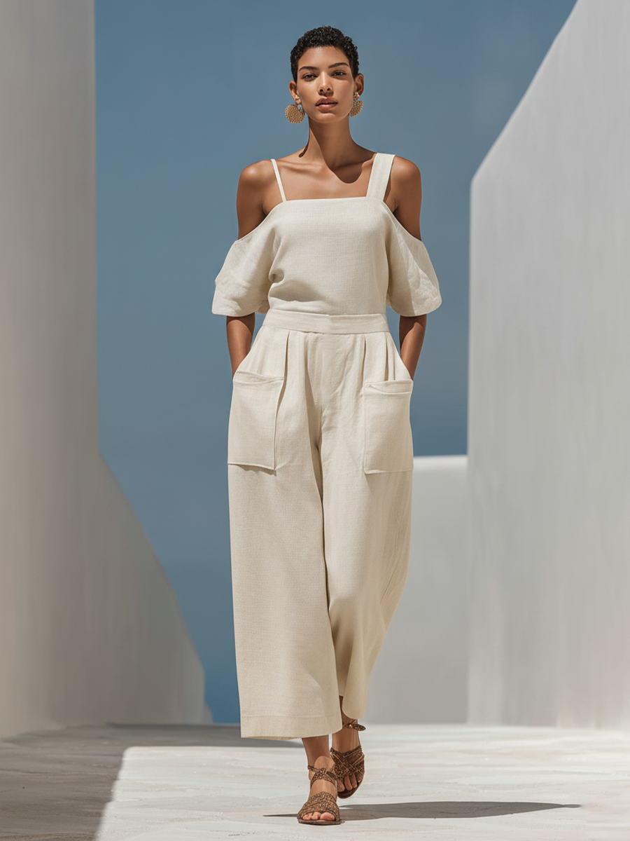 Women's Cream Linen-Blend Jumpsuit With Cold Shoulder Puff Sleeves & Square Neck Patch Pockets, Minimalist Vacation Wide Leg Jumpsuit MDZ1533F1LYL