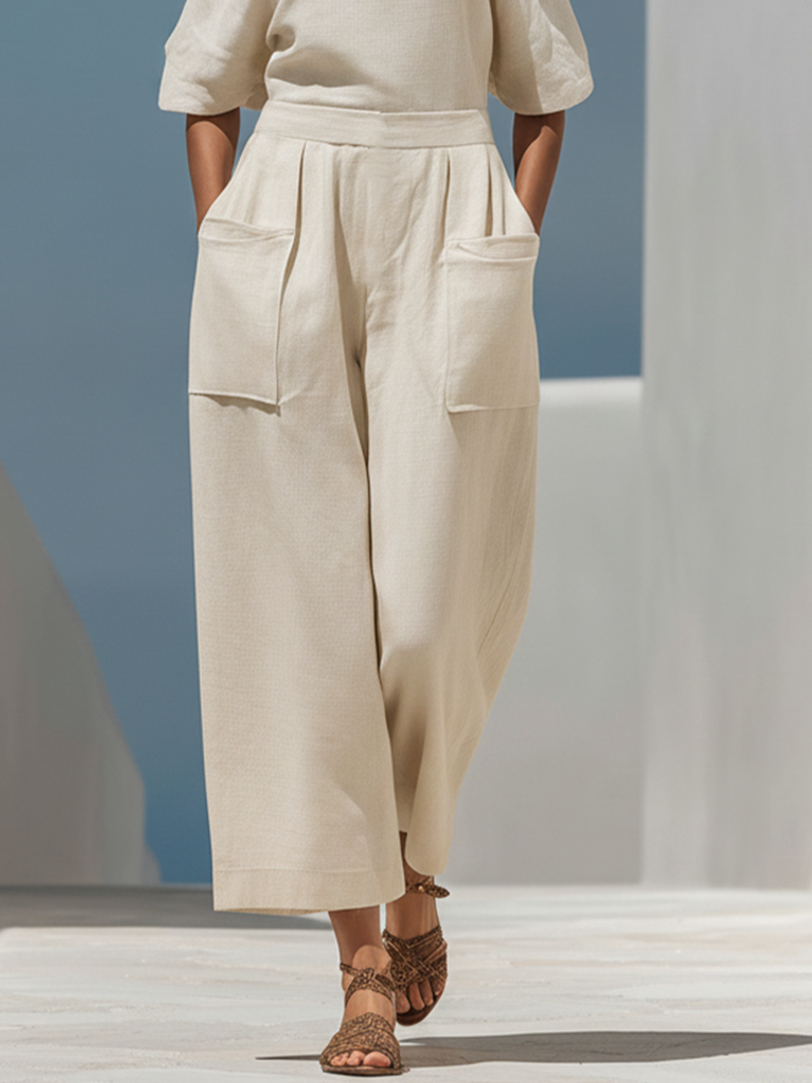 Women's Cream Linen-Blend Jumpsuit With Cold Shoulder Puff Sleeves & Square Neck Patch Pockets, Minimalist Vacation Wide Leg Jumpsuit MDZ1533F1LYL