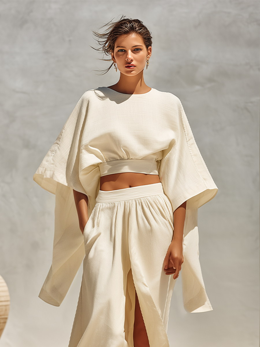 Women's Off White Textured Linen Co-Ord With Elastic Waist Cropped Blouse & Front Split Flowy Maxi Skirt, Modern Effortless-Chic Summer Outfit MDZ1599F5LYL