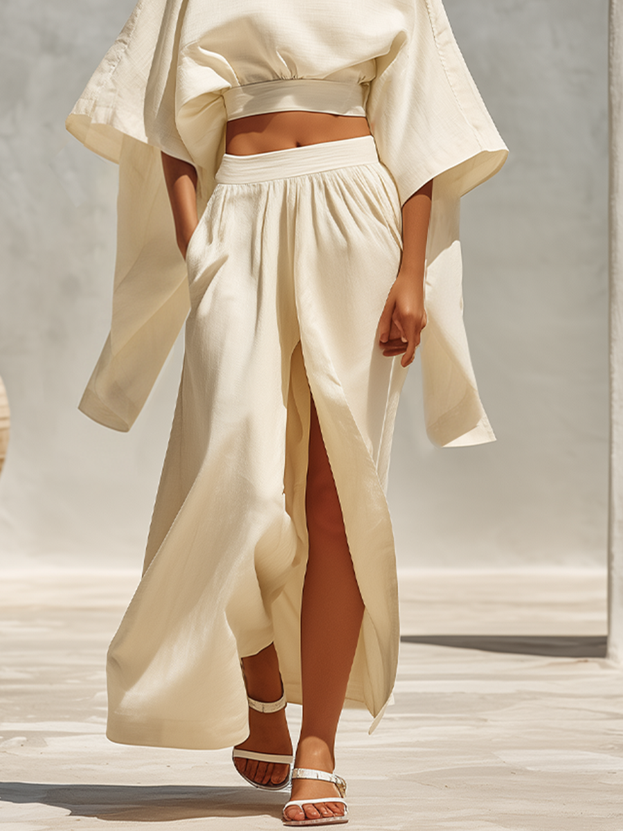 Women's Off White Textured Linen Co-Ord With Elastic Waist Cropped Blouse & Front Split Flowy Maxi Skirt, Modern Effortless-Chic Summer Outfit MDZ1599F5LYL