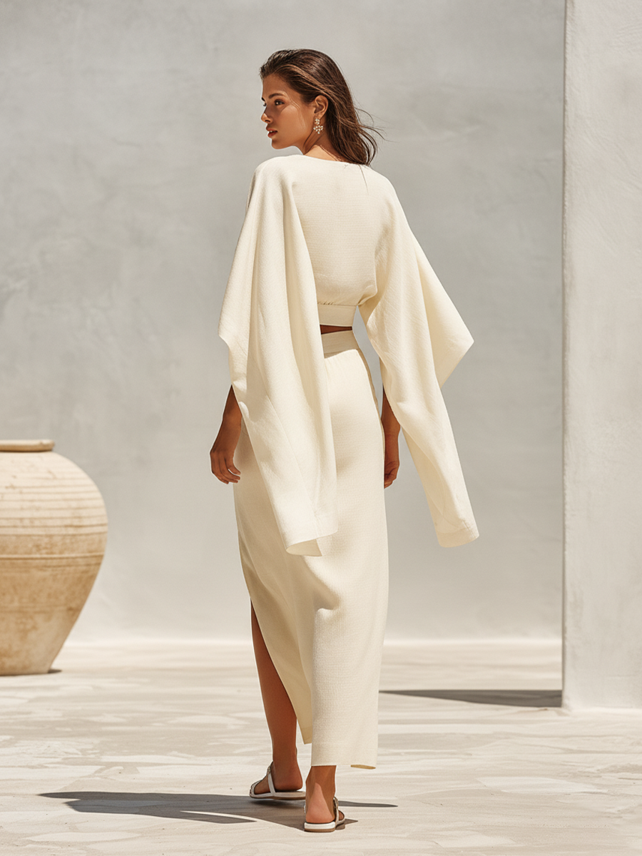 Women's Off White Textured Linen Co-Ord With Elastic Waist Cropped Blouse & Front Split Flowy Maxi Skirt, Modern Effortless-Chic Summer Outfit MDZ1599F5LYL