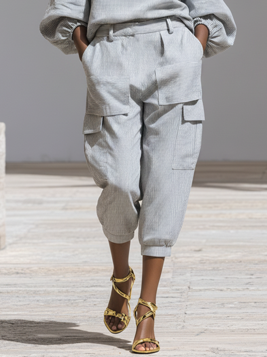 Women's Grey Striped Cotton-Blend Two-Piece Set With Boat Neck Puff Sleeve Blouse & Multi-Pocket Cargo Cropped Pants, Minimalist Street Casual Outfit MDZ1572F2LYL