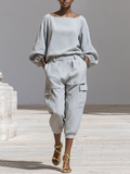 Women's Grey Striped Cotton-Blend Two-Piece Set With Boat Neck Puff Sleeve Blouse & Multi-Pocket Cargo Cropped Pants, Minimalist Street Casual Outfit MDZ1572F2LYL