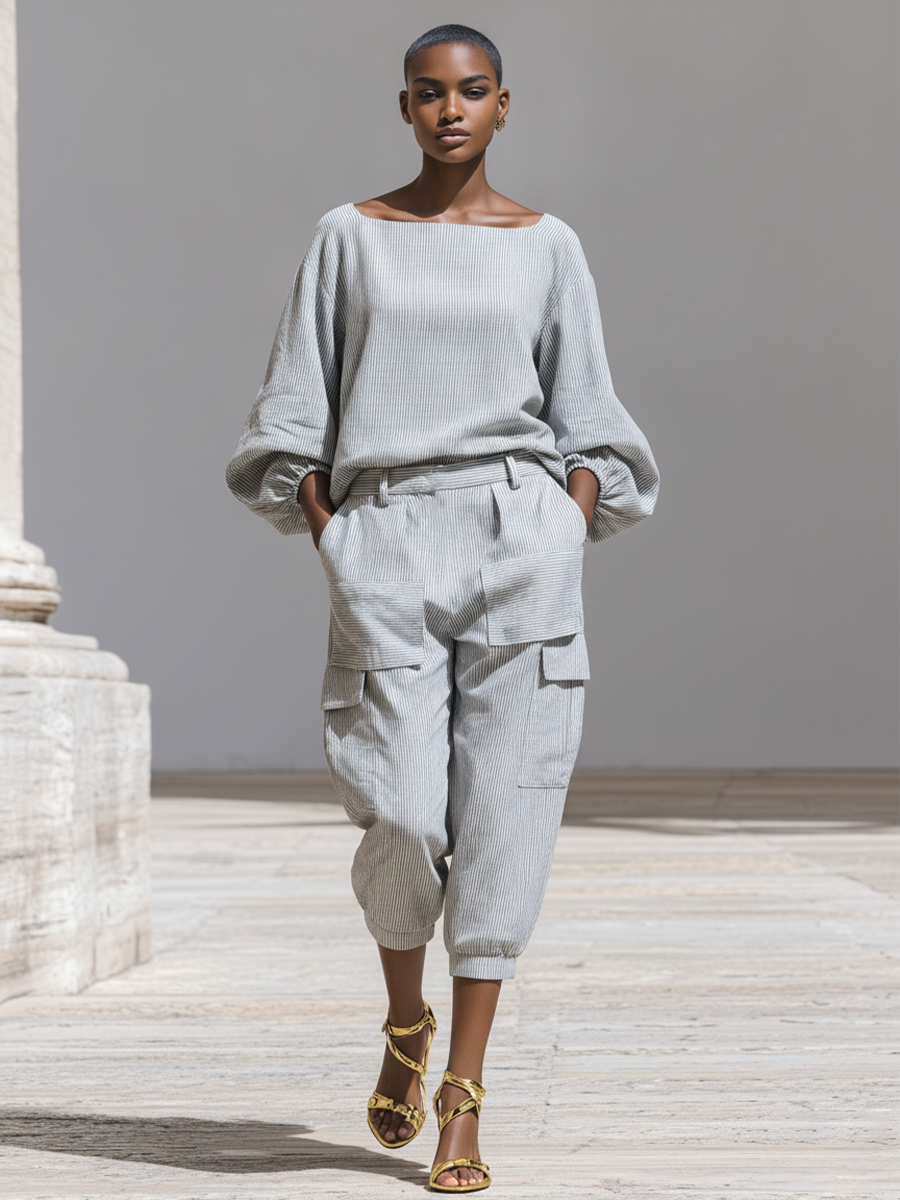 Women's Grey Striped Cotton-Blend Two-Piece Set With Boat Neck Puff Sleeve Blouse & Multi-Pocket Cargo Cropped Pants, Minimalist Street Casual Outfit MDZ1572F2LYL