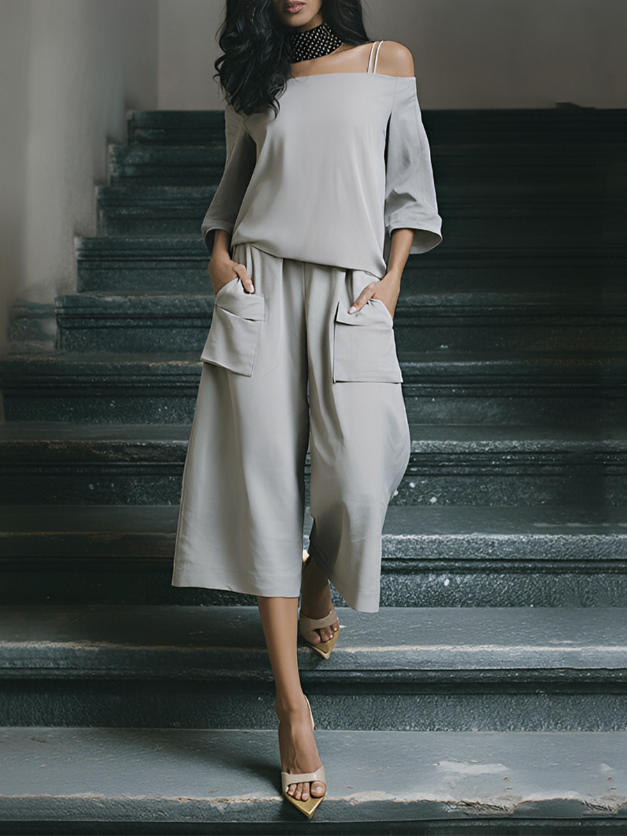Women's Pale Grey Flowy Matching Outfit With Dual Strap Cold Shoulder Top & Side Patch Pocket Wide Leg Culottes, Contemporary Versatile Leisure Two-Piece Set MDZ1569F4LYL