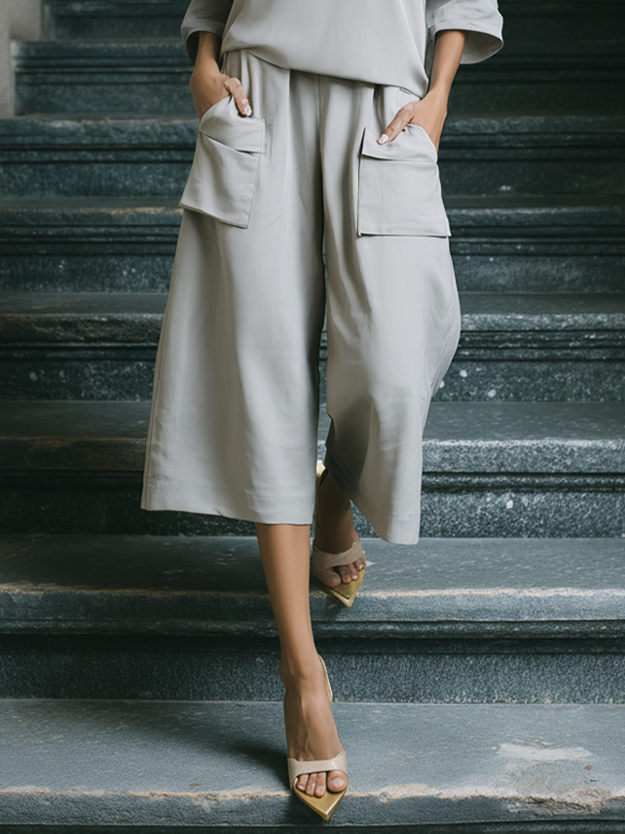 Women's Pale Grey Flowy Matching Outfit With Dual Strap Cold Shoulder Top & Side Patch Pocket Wide Leg Culottes, Contemporary Versatile Leisure Two-Piece Set MDZ1569F4LYL