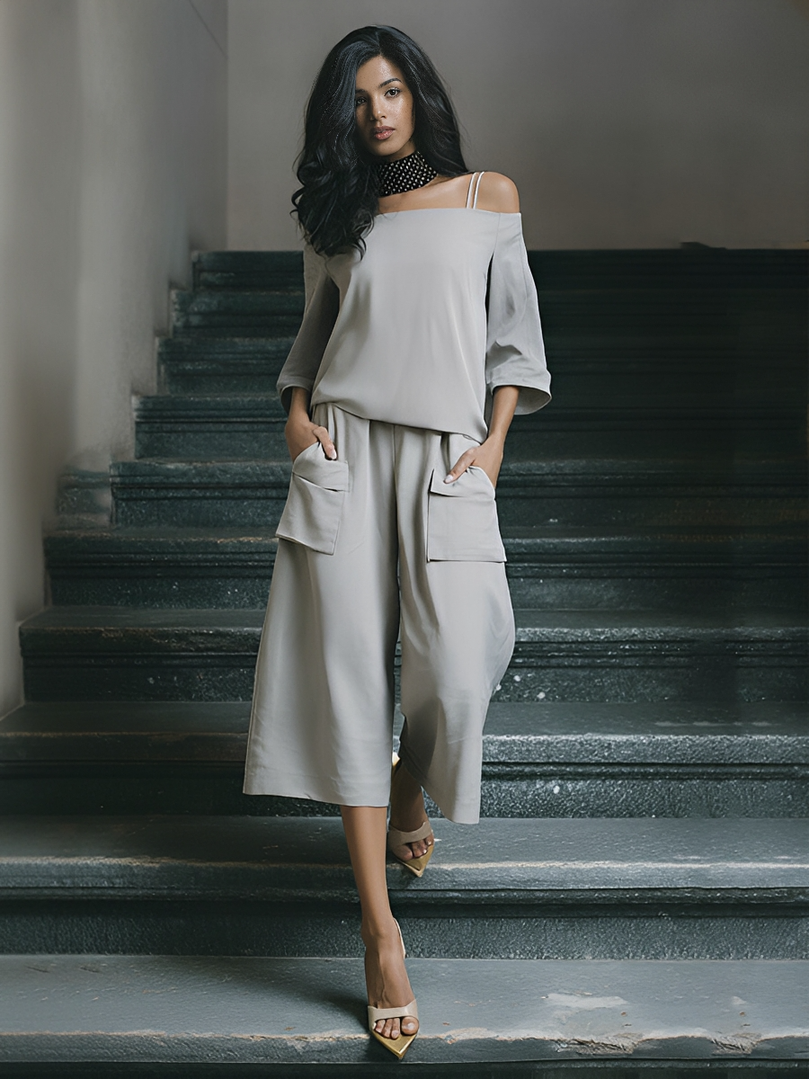 Women's Pale Grey Flowy Matching Outfit With Dual Strap Cold Shoulder Top & Side Patch Pocket Wide Leg Culottes, Contemporary Versatile Leisure Two-Piece Set MDZ1569F4LYL