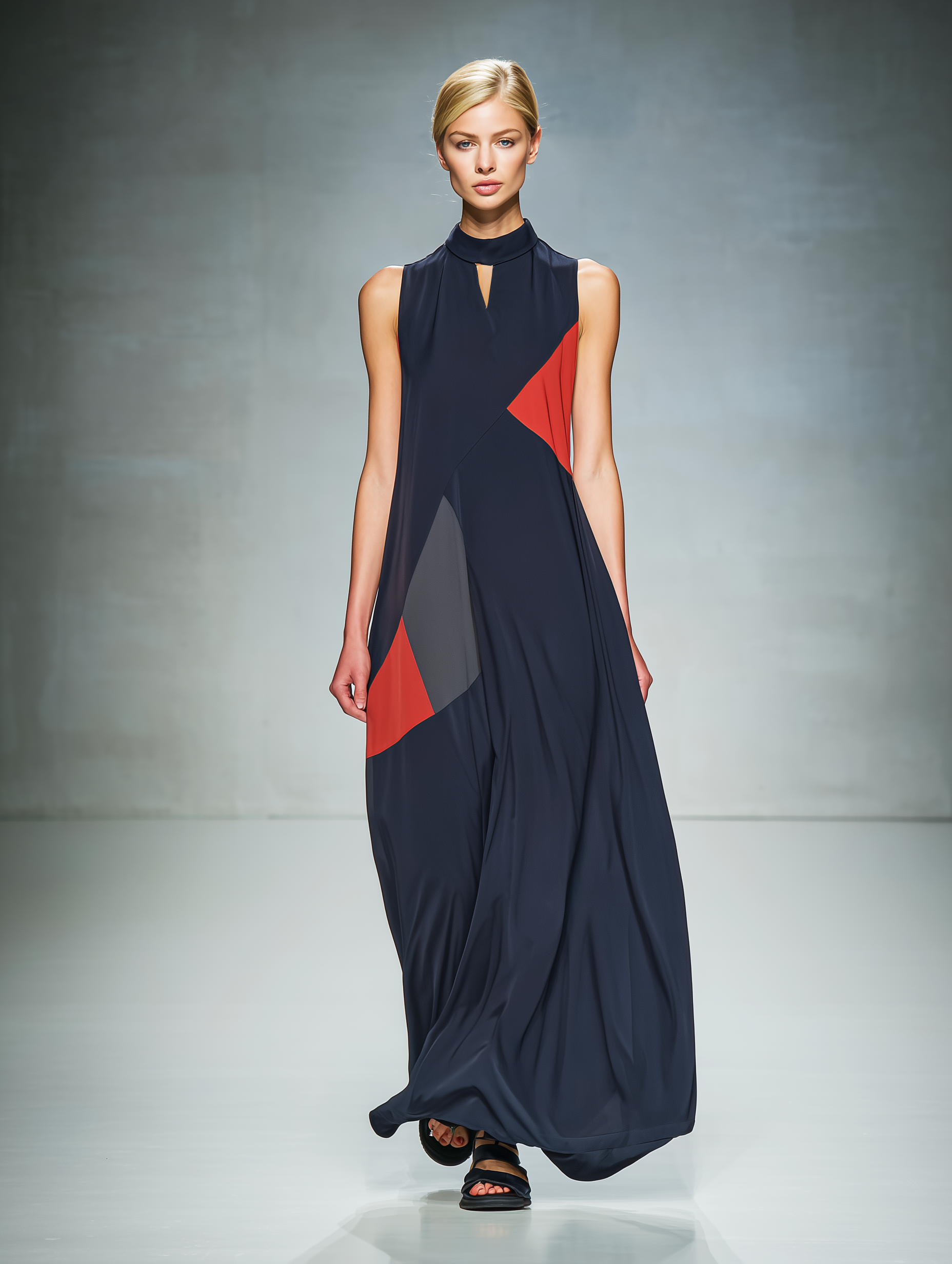 Women’s Navy Sleeveless Stand Collar Keyhole Front Color Block Geometric Patchwork Flowy Maxi Dress MDZ1561F4T