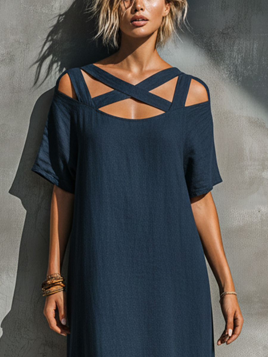 Women’s Navy Crisscross Cutout Cold Shoulder Short Sleeve High Low Hem Linen Maxi Dress MDZ1204F7T