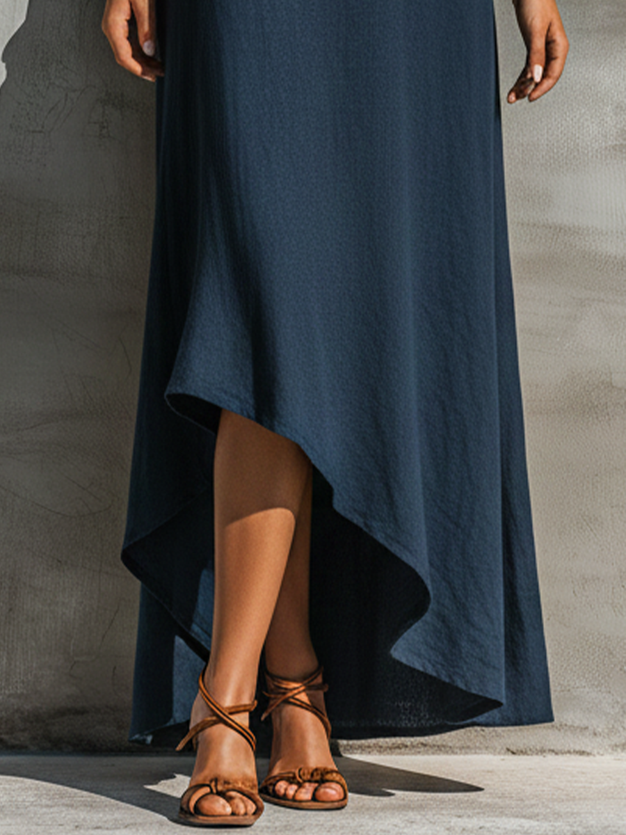 Women’s Navy Crisscross Cutout Cold Shoulder Short Sleeve High Low Hem Linen Maxi Dress MDZ1204F7T