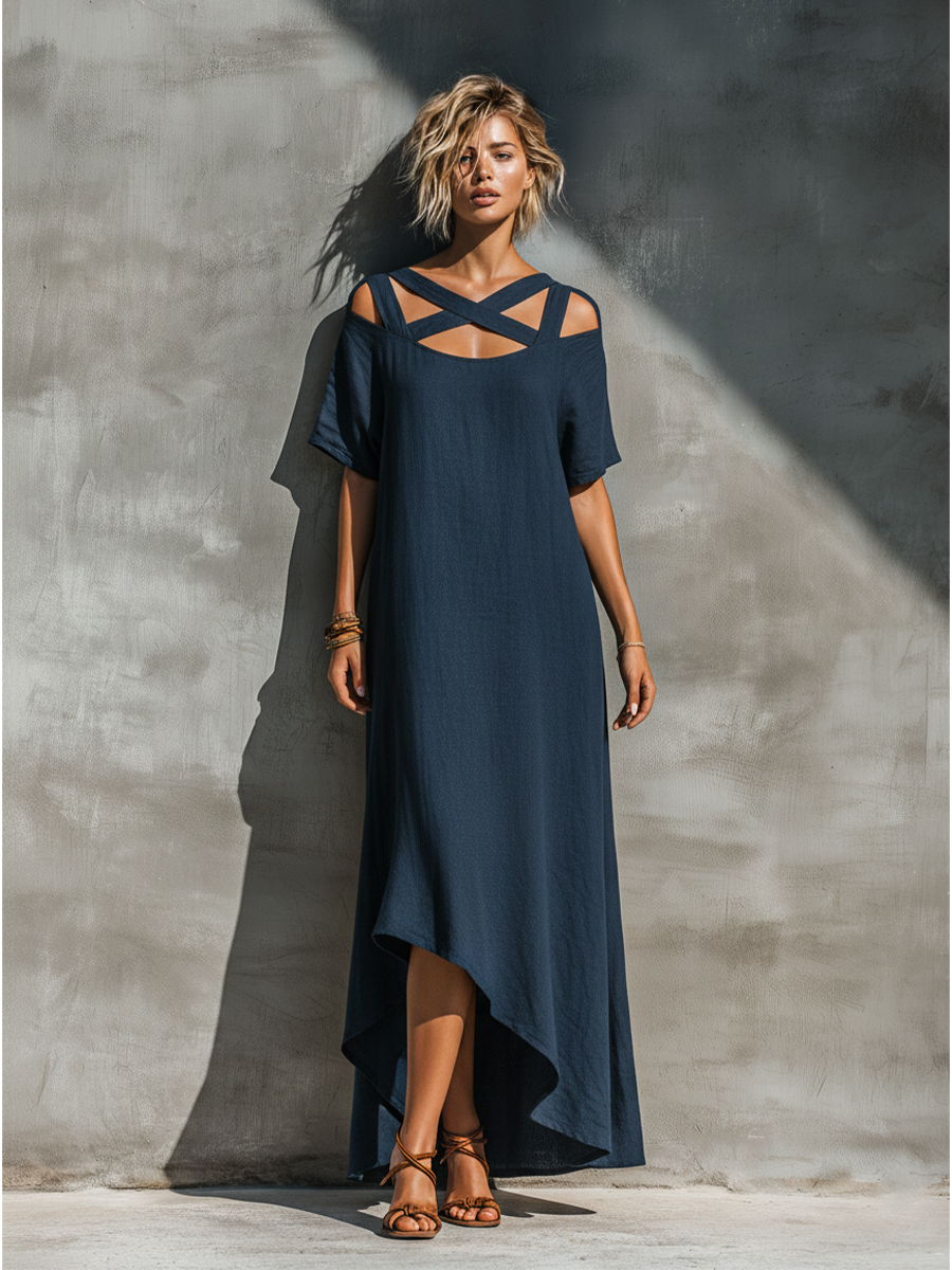 Women’s Navy Crisscross Cutout Cold Shoulder Short Sleeve High Low Hem Linen Maxi Dress MDZ1204F7T