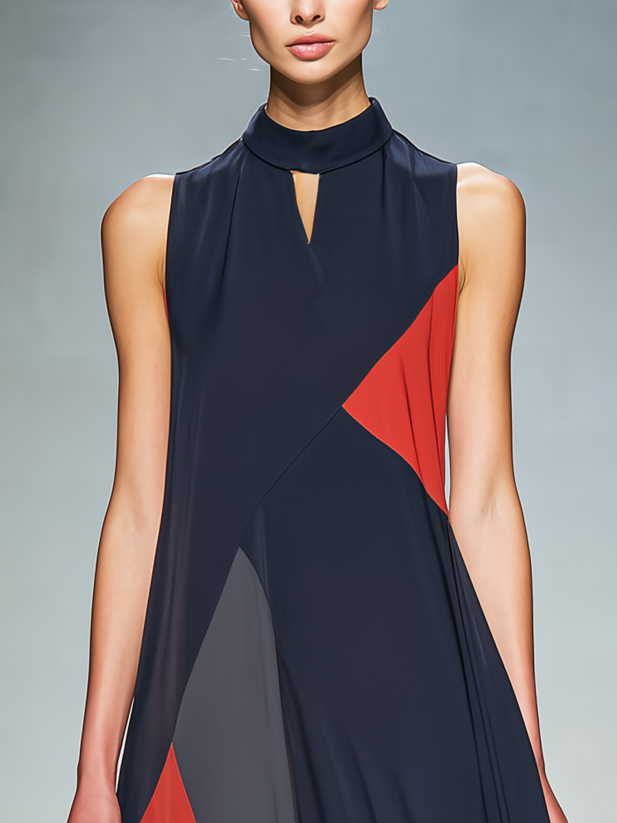 Women’s Navy Sleeveless Stand Collar Keyhole Front Color Block Geometric Patchwork Flowy Maxi Dress MDZ1561F4T