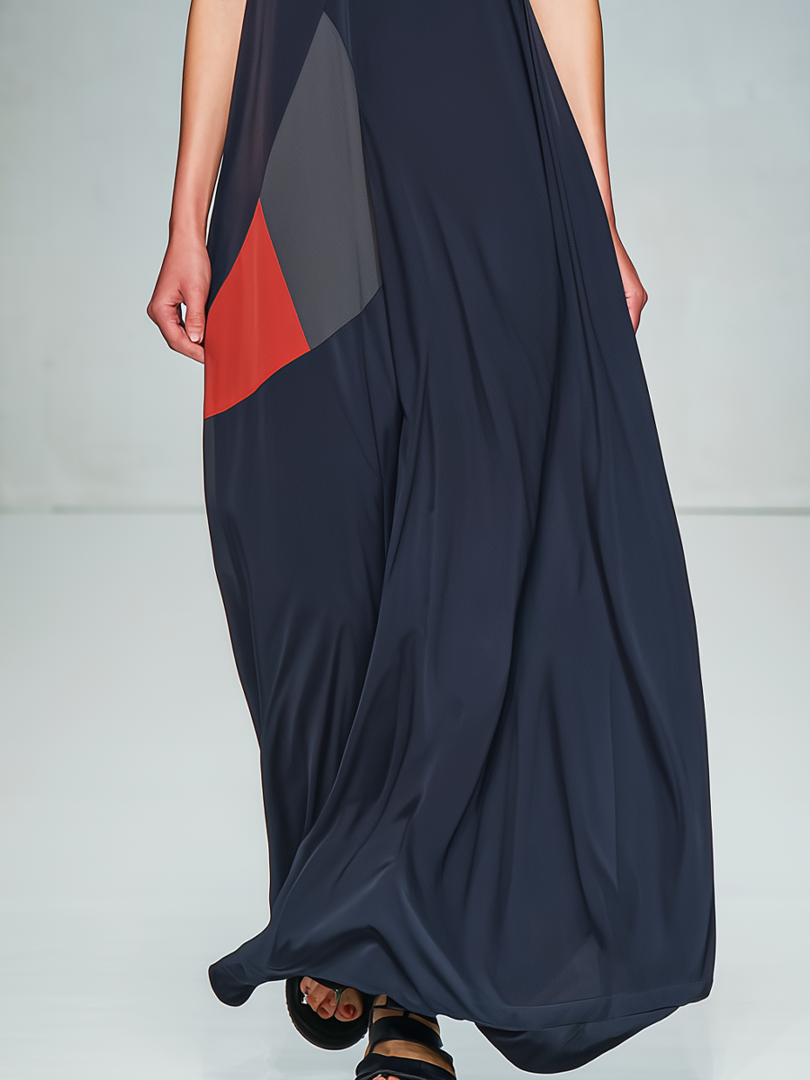 Women’s Navy Sleeveless Stand Collar Keyhole Front Color Block Geometric Patchwork Flowy Maxi Dress MDZ1561F4T