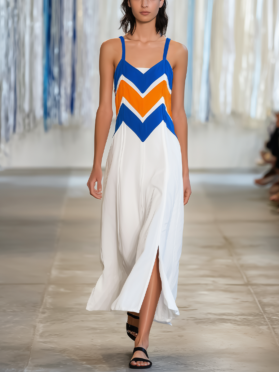 Women’s Geometric Chevron Color Block Sleeveless Cami Midi Dress With Front Split MDZ1549F9T