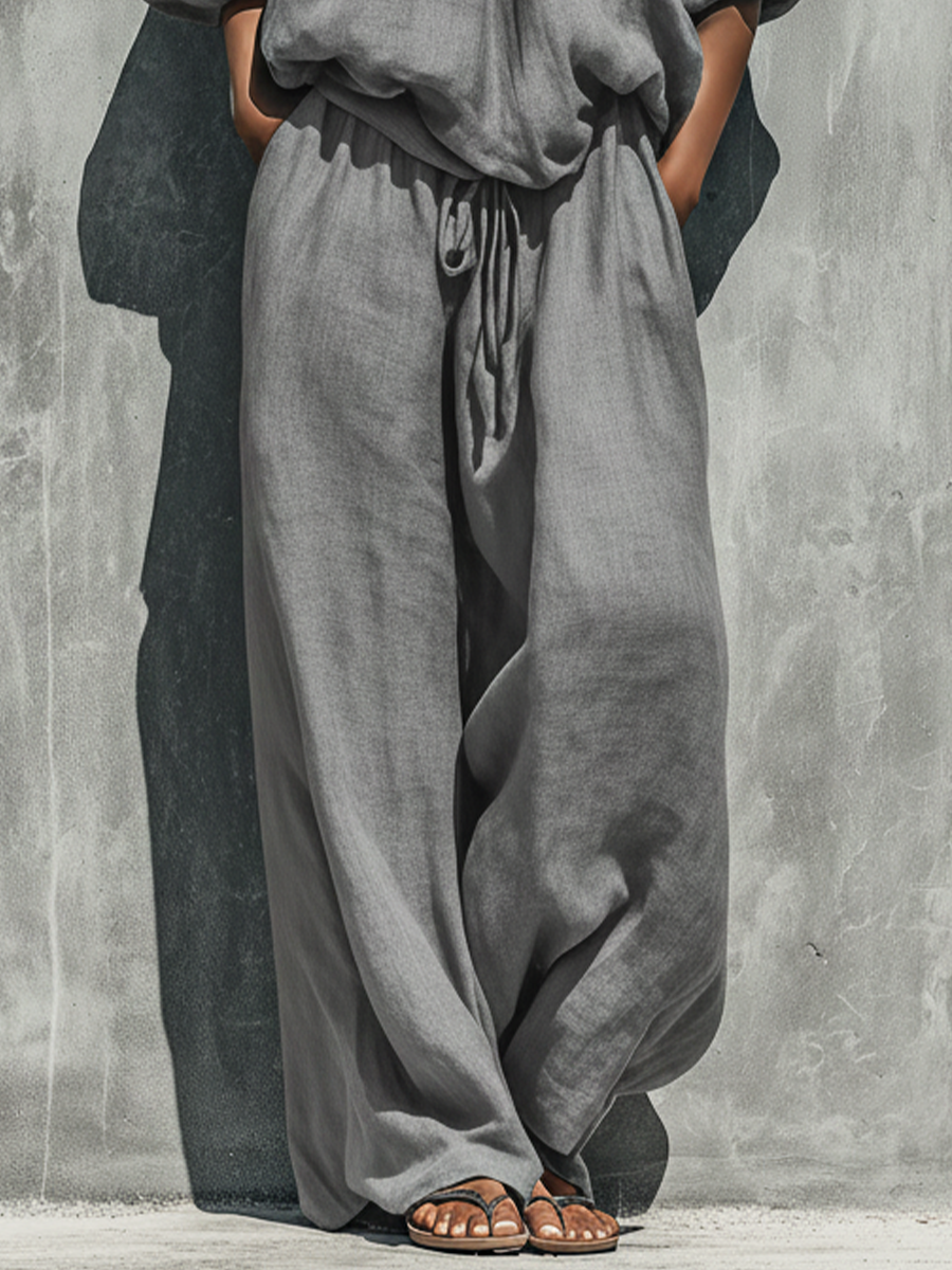 Women’s Gray Linen Off-The-Shoulder Puff Bubble Sleeve Gathered Top & Drawstring Waist Wide Leg Pants Two-Piece Set MDZ1580F4T