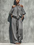 Women’s Gray Linen Off-The-Shoulder Puff Bubble Sleeve Gathered Top & Drawstring Waist Wide Leg Pants Two-Piece Set MDZ1580F4T