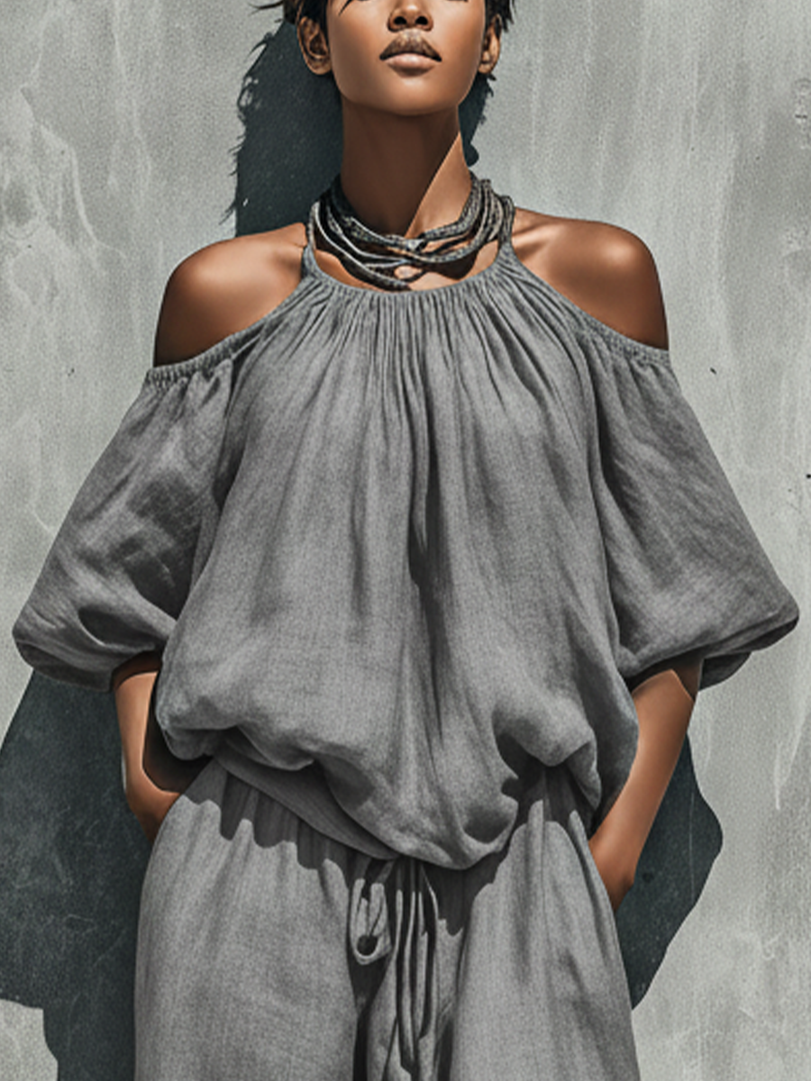 Women’s Gray Linen Off-The-Shoulder Puff Bubble Sleeve Gathered Top & Drawstring Waist Wide Leg Pants Two-Piece Set MDZ1580F4T