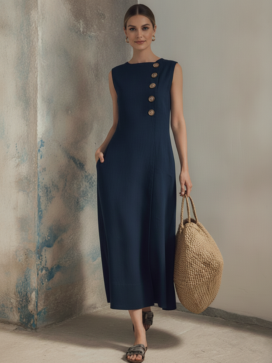Women's Simple And Casual Style Navy Blue Cotton Linen Round Neck Button Sleeveless Midi Dress MDZ1588F2GMJ