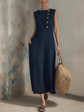 Women's Simple And Casual Style Navy Blue Cotton Linen Round Neck Button Sleeveless Midi Dress MDZ1588F2GMJ