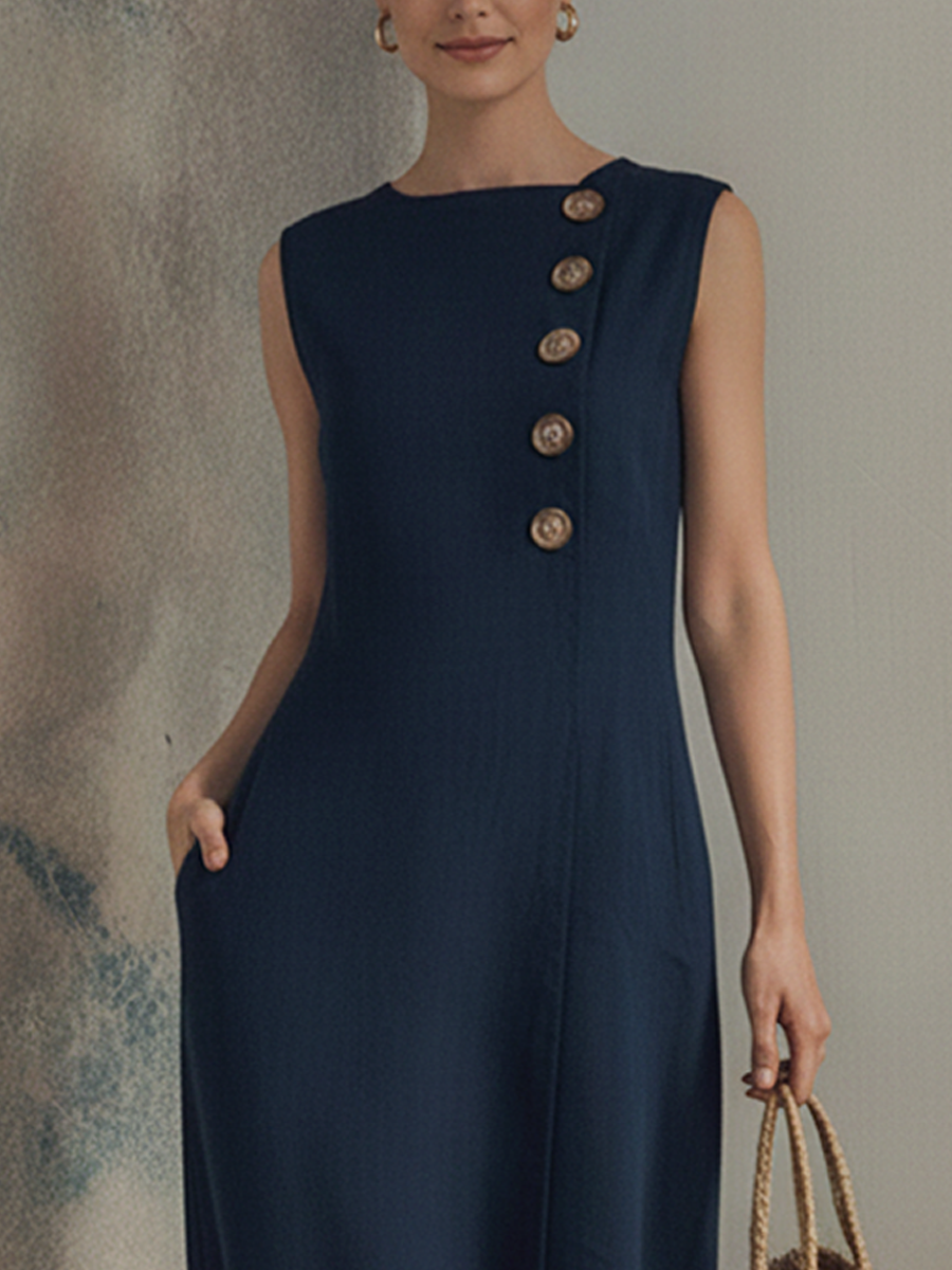 Women's Simple And Casual Style Navy Blue Cotton Linen Round Neck Button Sleeveless Midi Dress MDZ1588F2GMJ