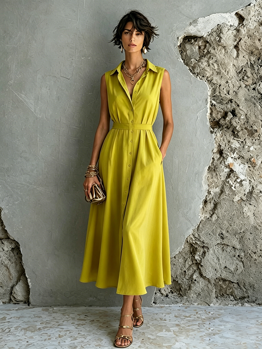 Women's Commuter Style Mustard Yellow Cotton Blend Collared Sleeveless Button-Down Midi Dress MDZ1573F4GMJ