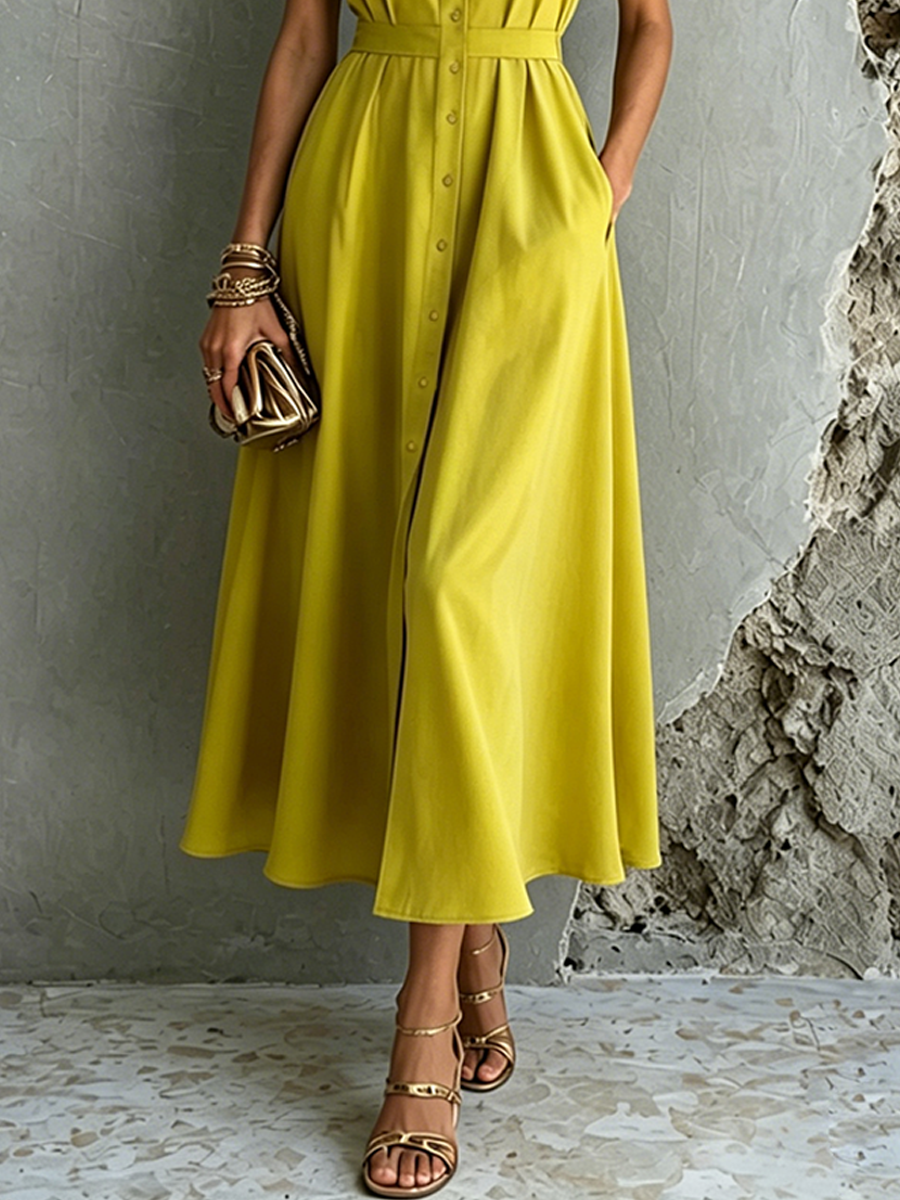 Women's Commuter Style Mustard Yellow Cotton Blend Collared Sleeveless Button-Down Midi Dress MDZ1573F4GMJ